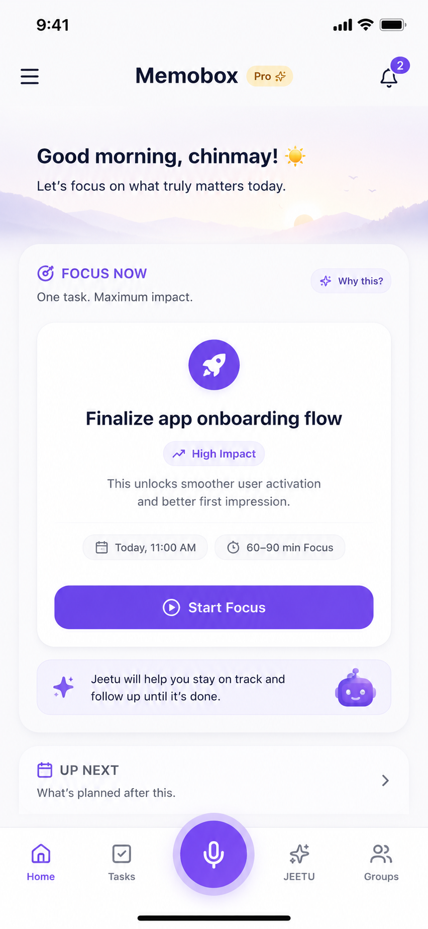 Memobox Focus Now screen.